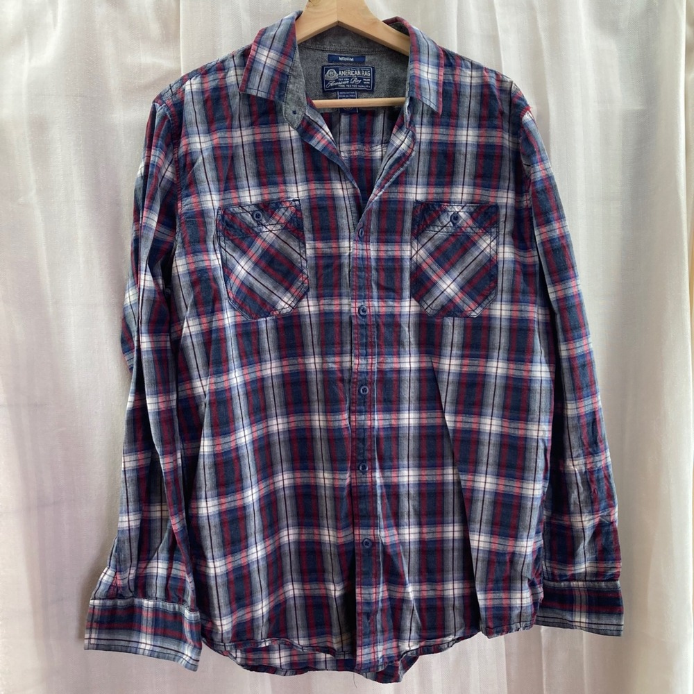 American Rag Mens Medium Plaid Flannel Shirt Long Sleeve Button‎ Down